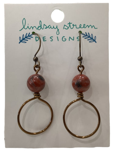 Small Vintage Bronze Hoops Earrings with Red Jasper