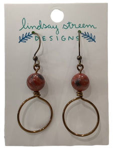 Small Vintage Bronze Hoops Earrings with Red Jasper