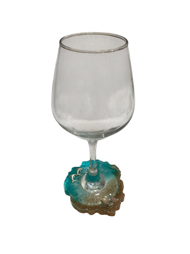 Beachy Wine Glass with Built-In Coaster - Dark Aqua w/ Dolphins