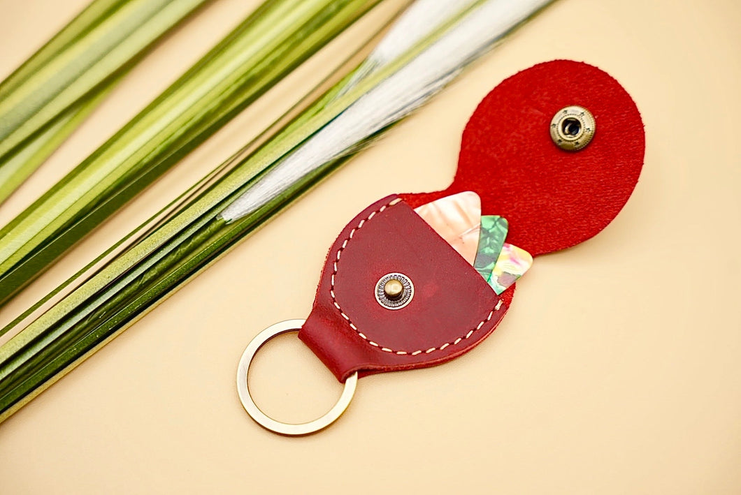 Genuine Leather Guitar Pick Holder and Keychain Organizer - Red