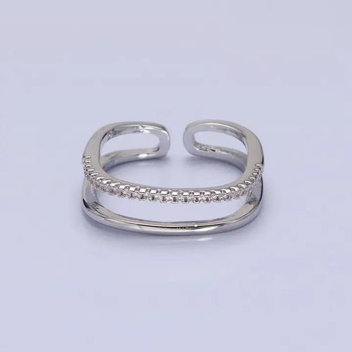 Silver Clear Micro Paved Cubic Zirconia Square Double Band Ring