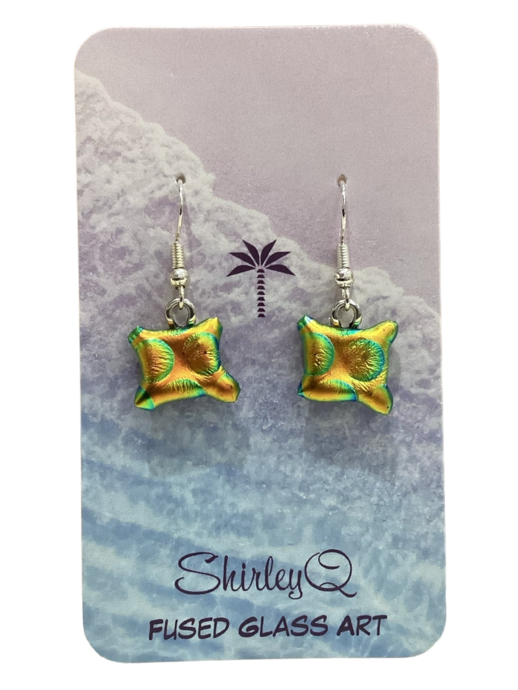 Small Dichro Dangle Earrings - Green/Gold