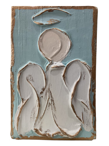 Angel Hand Painted Textured Wood Block - Blue