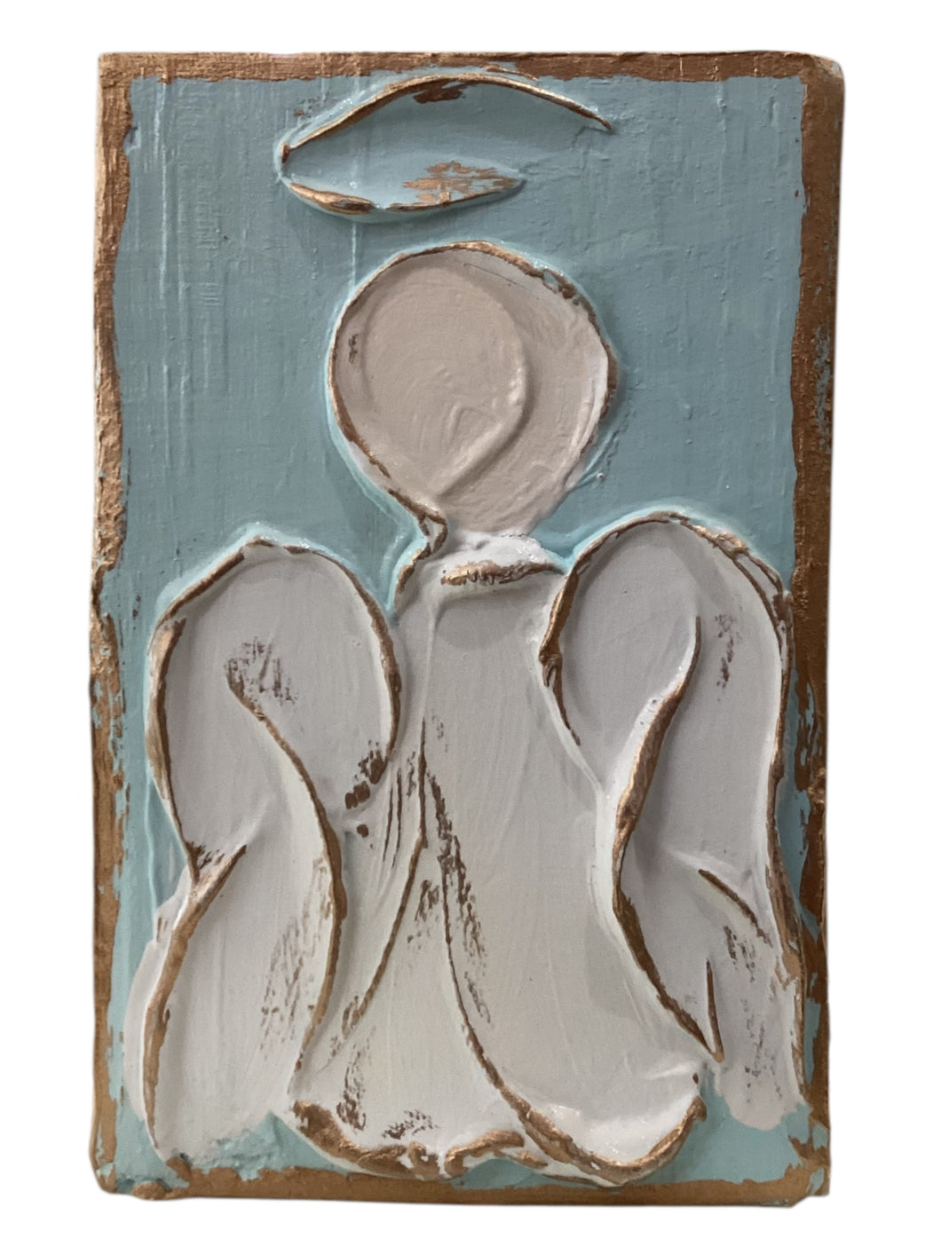Angel Hand Painted Textured Wood Block - Blue