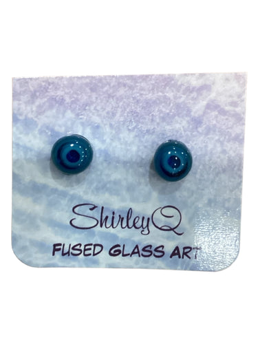 Fused Glass Post Earrings - Teal Dot