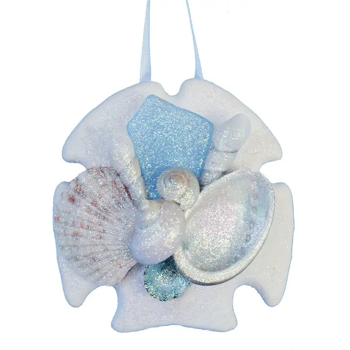 Sea Glass Sand Dollar Collage Ornament -  Light Blue Sea Glass