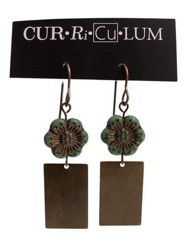 Dark Green Wild Rose Czech Glass with Brass Rectangles Earrings