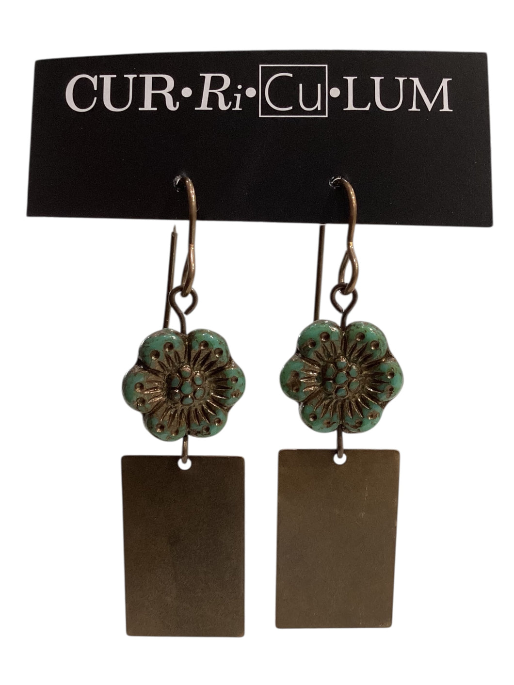 Dark Green Wild Rose Czech Glass with Brass Rectangles Earrings