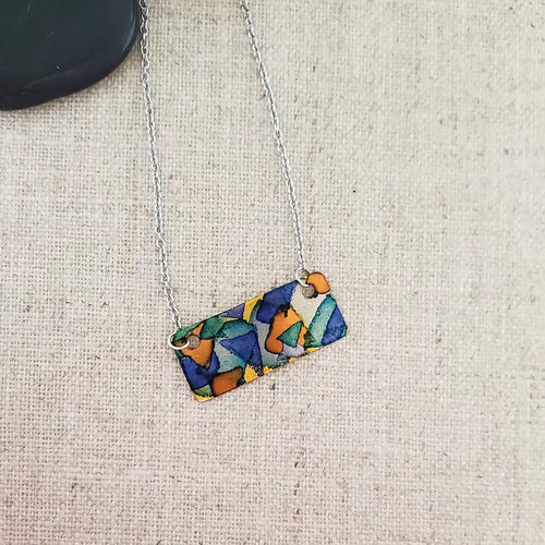 Alcohol Ink Copper & Stainless Steel Bar Necklace - Blue/Browns