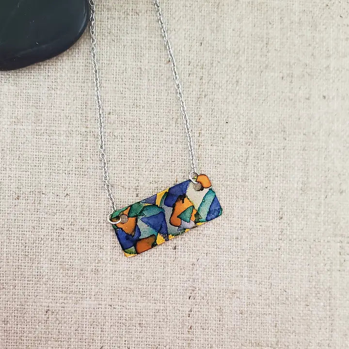 Alcohol Ink Copper & Stainless Steel Bar Necklace - Blue/Browns