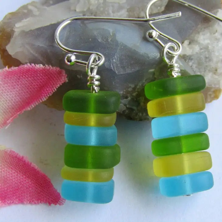 Six Square Sea Glass Earrings - Green/Light Blue/Yellow