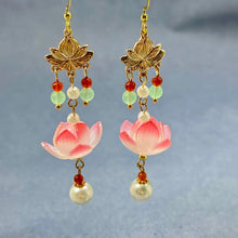 Chinoiserie Glass Lotus & Agate Earrings - 14k Gold Plated