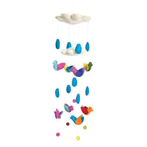 Felted Bird with Clouds and Drop Theme Mobile Hanging