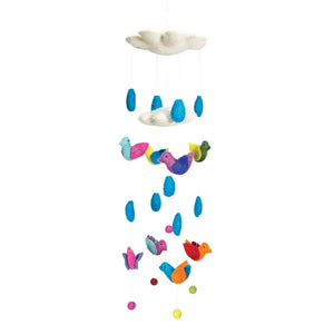 Felted Bird with Clouds and Drop Theme Mobile Hanging