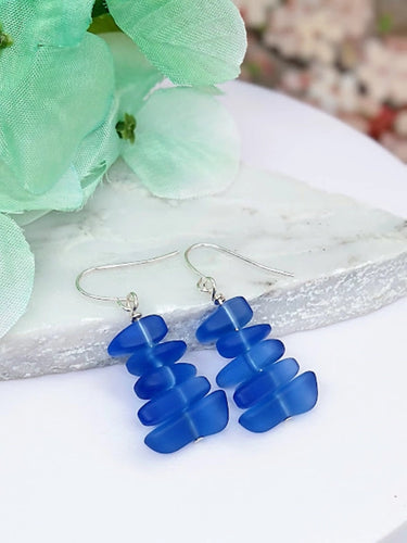 Cobalt Blue Pebble Shaped Frosted Sea Glass - Silver French Hook Earrings