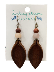 Brown Leather Petal Earrings with Pink Aventurine & Wood