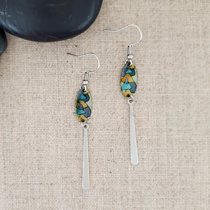 Alcohol Ink Stainless Steel Thin Drop Earrings - Black