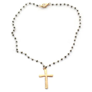 Matte Gold Cross Pendant with Silver Pyrite Chain Necklace