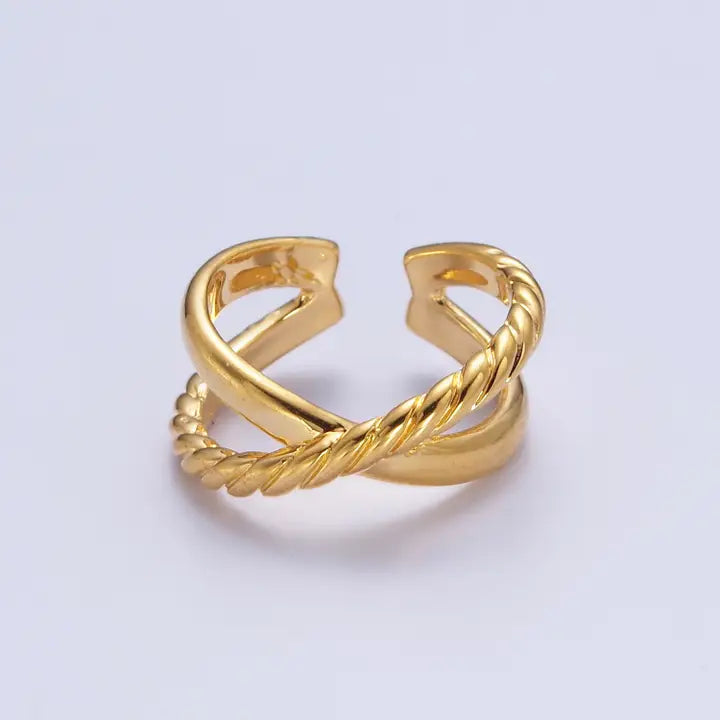 Gold Double Band Cross Braided Twist Adjustable Ring