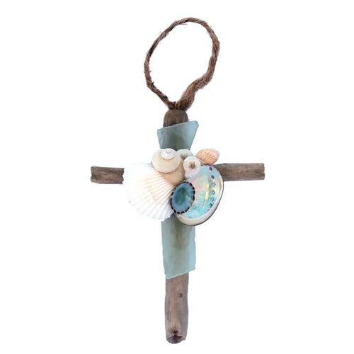 Driftwood Cross Ornament with Sea Glass - Sea Foam