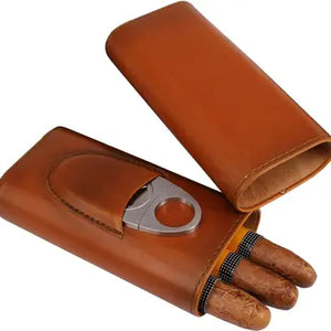 Genuine Leather Cigar Case, Wood Lined Humidor with Cutter - Brown