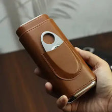 Genuine Leather Cigar Case, Wood Lined Humidor with Cutter - Brown