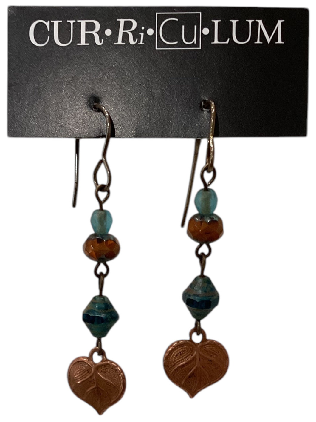 Teal and Brown Czech Glass Earrings with Copper Leaf