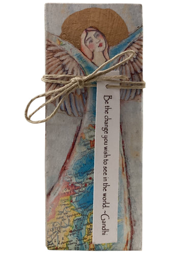 Small Wood Block Angel - Be the change you wish to see in the world. - Gandhi