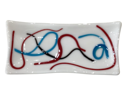 White Recutangle Plate with Red, Blue, Black Swirls