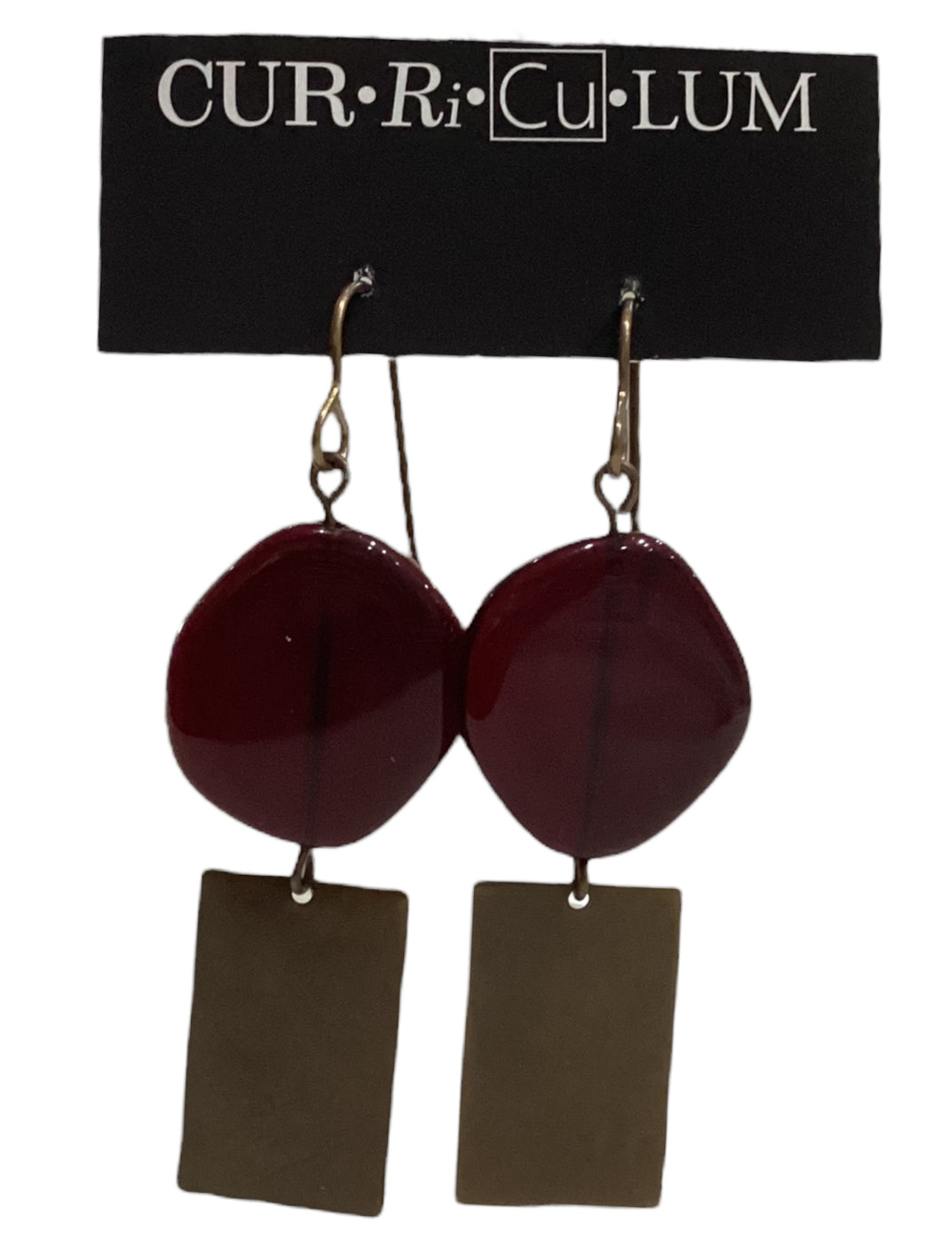 Cranberry Red Disk Czech Glass Disk Earrings with Brass Rectangles