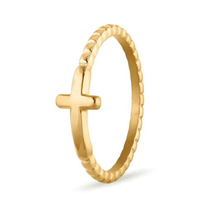 Stainless Steel Beaded Stackable Cross Ring - Gold