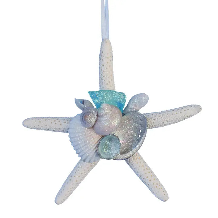 Sea Glass White Finger Starfish Collage Ornament -  Turquoise Sea Glass