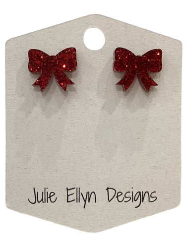 Sparkle Bow Stud Earrings - Red