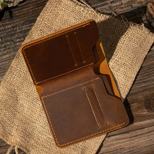 Genuine Leather Handmade Bifold Wallet - Brown