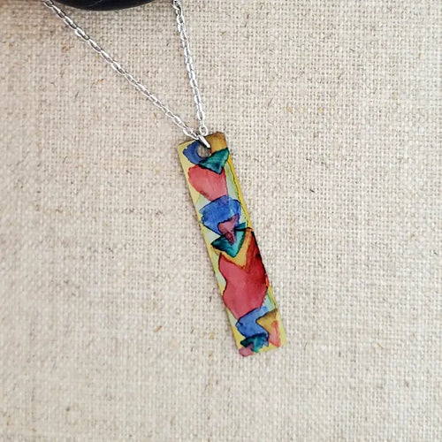 Alcohol Ink Stainless Steel Thin Rectangle Necklace - Reds