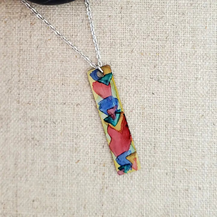 Alcohol Ink Stainless Steel Thin Rectangle Necklace - Reds