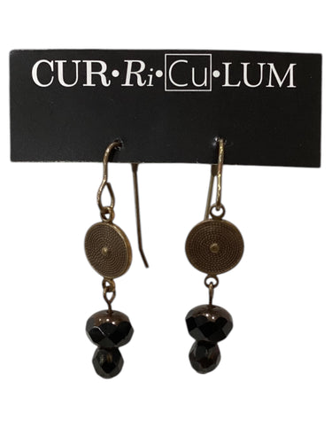 Black Czech Glass and Brass Shield Earrings