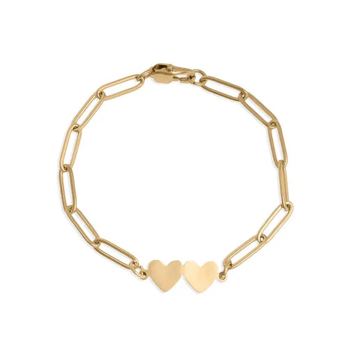 Stainless Steel Engravable 2 Heart Paperclip Bracelet - Gold