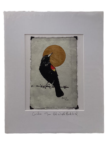 Golden Moon Red Winged Black Bird - Original - 16