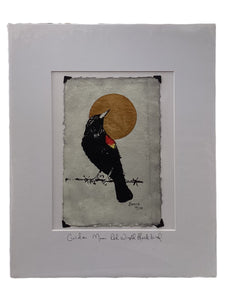 Golden Moon Red Winged Black Bird - Original - 16" x 20"