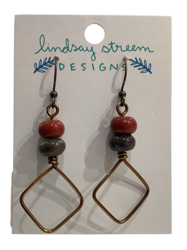 Bronze Square Hoop Earrings with Silver Leaf Jasper & Red Jasper
