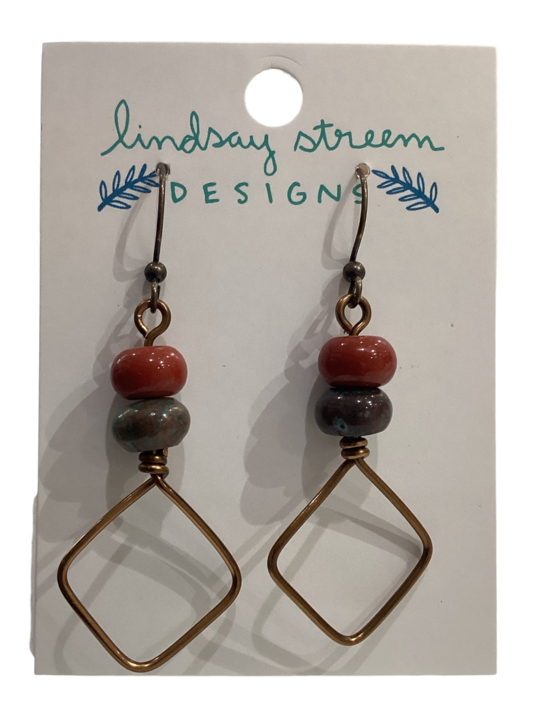 Bronze Square Hoop Earrings with Silver Leaf Jasper & Red Jasper