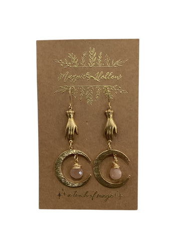 Victorian Hand and Moon Earrings - Pink Gem Stone