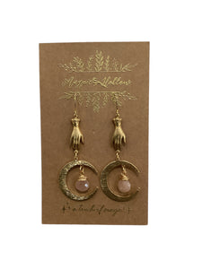 Victorian Hand and Moon Earrings - Pink Gem Stone