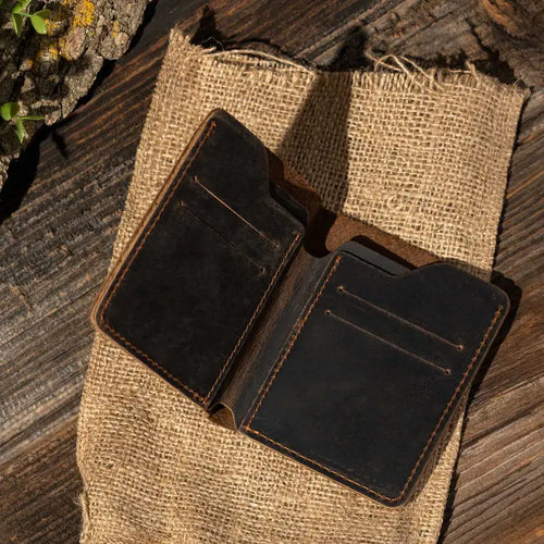 Genuine Leather Handmade Bifold Wallet - Dark Brown