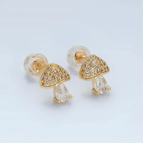 24K Gold Filled Cubic Zirconia Paved Mushroom Stud Earring