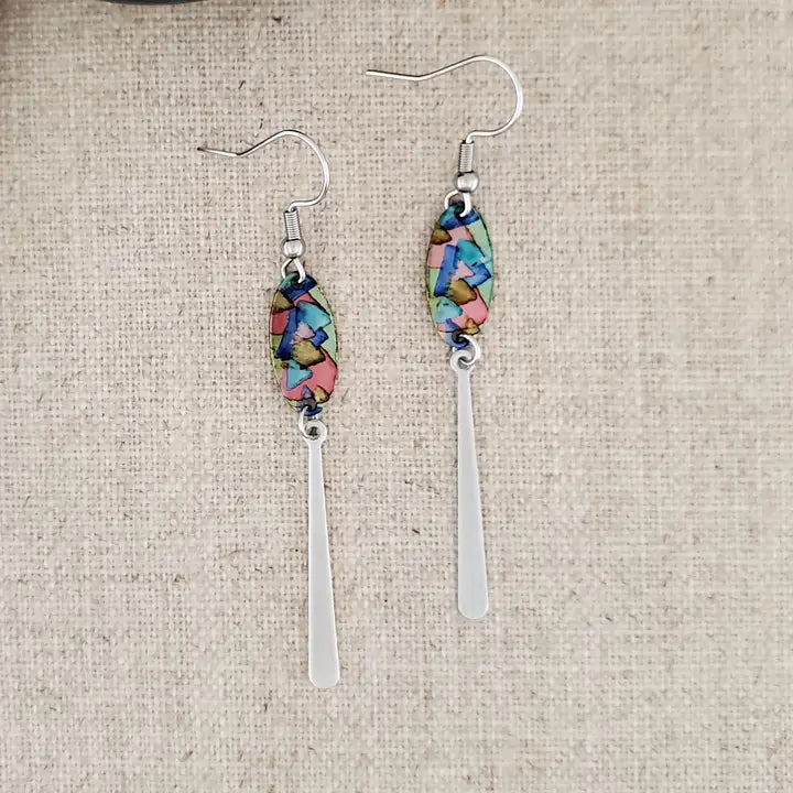 Alcohol Ink Stainless Steel Thin Drop Earrings - Reds