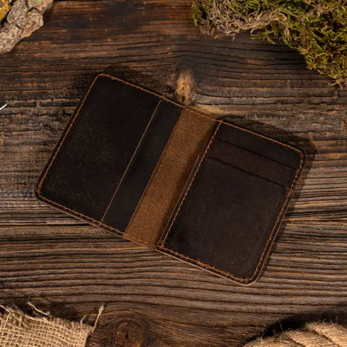 Genuine Leather Handmade Bifold Wallet - Dark Brown