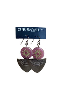 Pink Sun and Brass Triangle Earrings