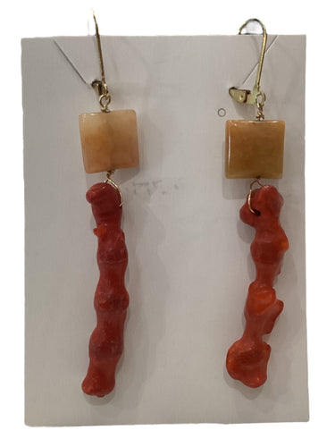 Gemstone Dangle Earrings - Aventurine/Coral/Brass